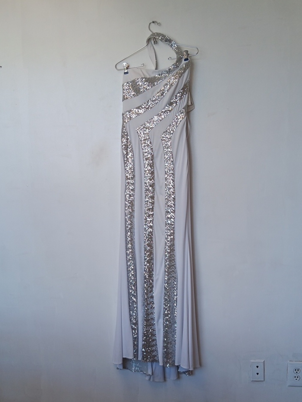 Stunning Vintage La Femme Silver-Striped One-Shoulder Evening Gown